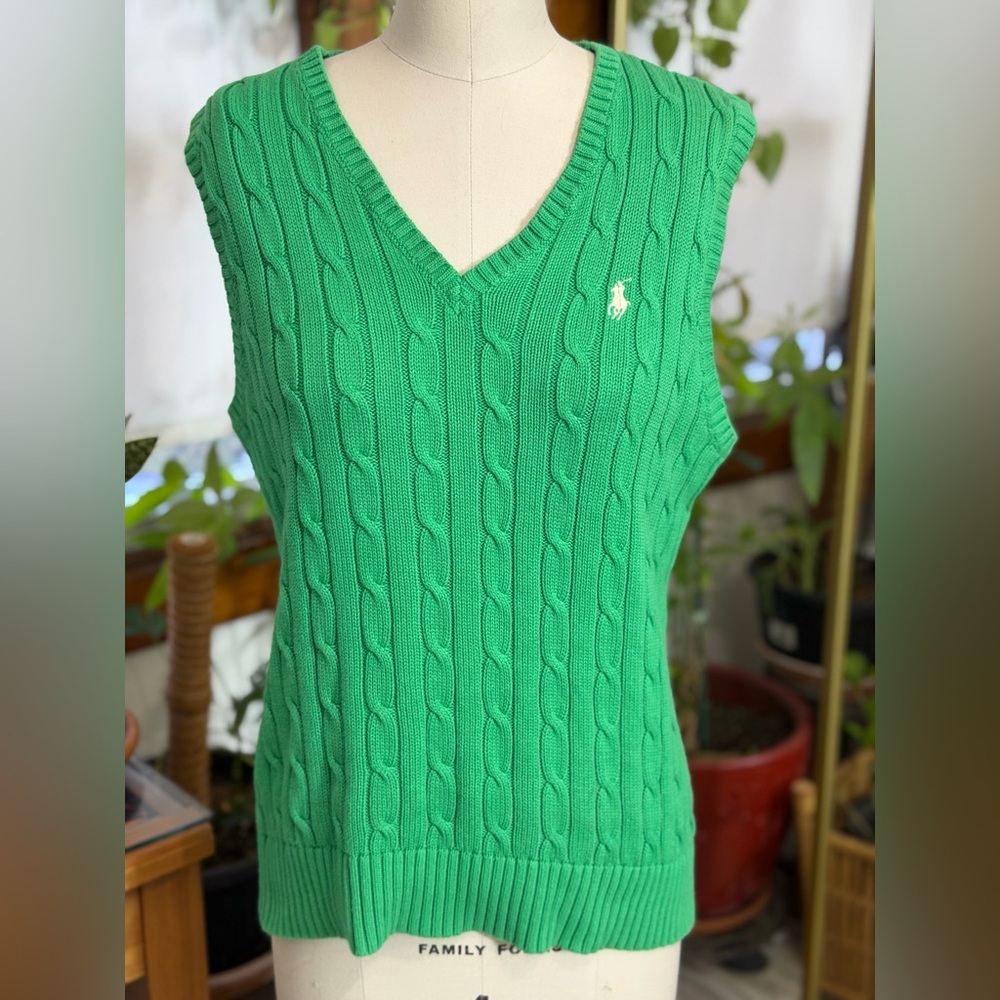 Ralph Lauren Sport Sweater Vest V Neck Cable Knit Green Women’s Size Large